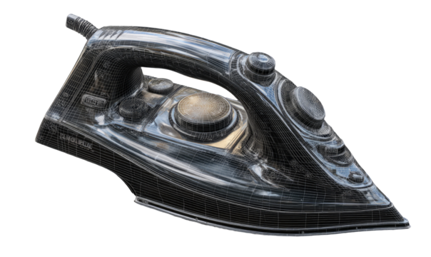 Wireframe of a black electric iron.  A 3D model of a household iron, rendered as a wireframe with a black plastic body.  Controls and a handle are visible