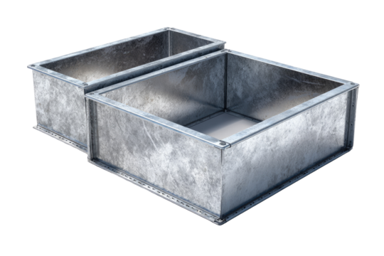 Two rectangular, metal, open-topped containers, slightly offset