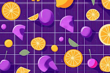 A vibrant, stylized flat lay featuring orange slices, purple and yellow spheres, cherries, and lemon wedges scattered on a gridded purple background.  The style is playful and slightly surreal