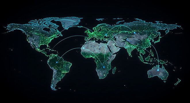 World map with glowing city lights and green network connections at night