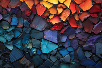Mosaico de piedras pintadas con degradado de colores cálidos a fríos, ideal para decoración artística, diseño visual, expresión cromática y contenido gráfico con textura vibrante y estilo moderno.