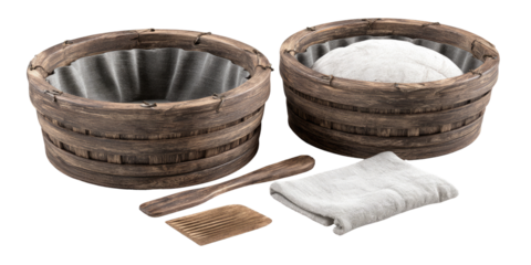 Two wooden tubs, a cloth, and a utensil.  Wooden containers with a lined interior, likely for fermentation or kneading, sit side-by-side. A light-colored cloth and a wooden utensil complete the set
