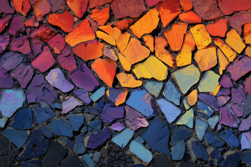 Mosaico artístico con piezas irregulares en tonos cálidos como rojo y naranja, y fríos como azul y púrpura, ideal para diseño decorativo, arte visual, colorimetría y expresión creativa contemporánea.