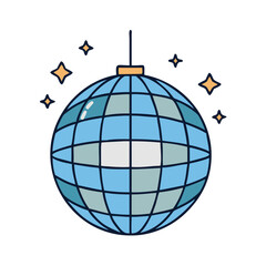 A retro disco ball illustration with stars around it on white background