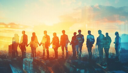 A double exposure image shows the silhouettes of a group of businesspeople standing hand in hand, superimposed over a city skyline at sunset.
