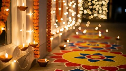 Traditional Diwali festival decorations with glowing oil lamps, colorful rangoli floor art, and marigold flowers at night with bokeh lights.