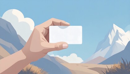 A hand holds a blank business card against a backdrop of mountains and a clear sky, showcasing a serene and inviting landscape.