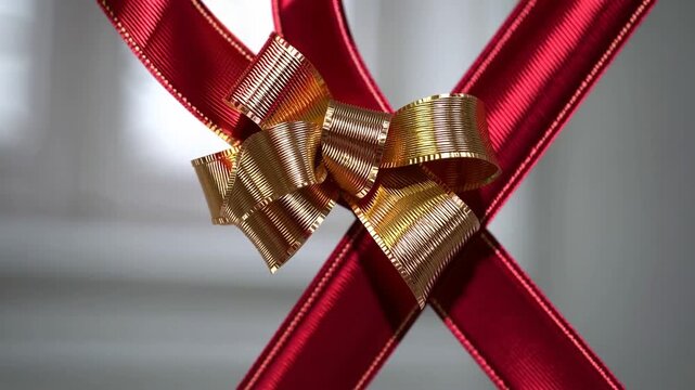 Pair of metallic gold and crimson colored decorative loops and fasteners for celebratory design use