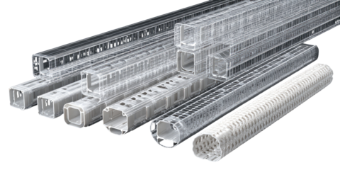 Assorted light gray and translucent plastic conduit sections