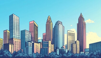 Fototapeta premium This illustration shows a detailed cityscape, featuring numerous skyscrapers of varying heights and architectural styles against a clear, bright sky.