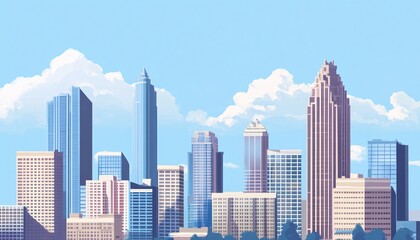 Fototapeta premium The illustration shows a cityscape with many tall buildings of varying architectural styles under a clear sky with some puffy clouds.