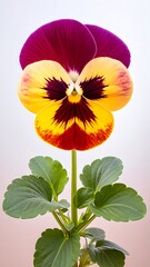 Fototapeta premium Vibrant pansy with a unique face-like pattern, featuring vivid yellow, red, and purple petals, and lush green leaves against a soft background.