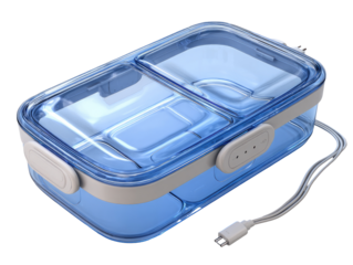 Light blue and clear lunchbox with compartments and cord