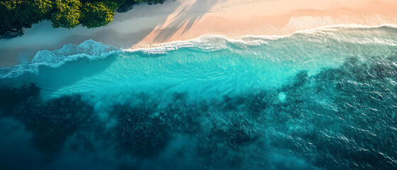 Tropical Beach Aerial View: Sunny Island Coastline with Blue Water and Palm Trees