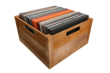 Wooden crate filled with vinyl records (1)