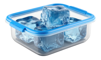 Clear plastic food container with ice cubes
