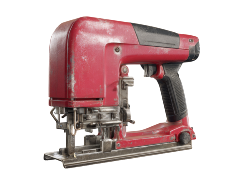 Rusty red jig saw, side view