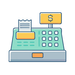Cute handdrawn cash register, with a dollar sign display and receipt