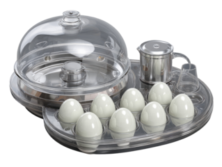 Transparent egg cooker with domed lid and separate small pot