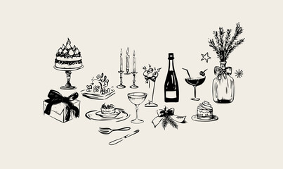 Minimalist hand drawn food and drink vector illustration. Wine, champagne glass, cheese, cake drawings for wedding invitations, menus and parties. Ink doodle sketch style
