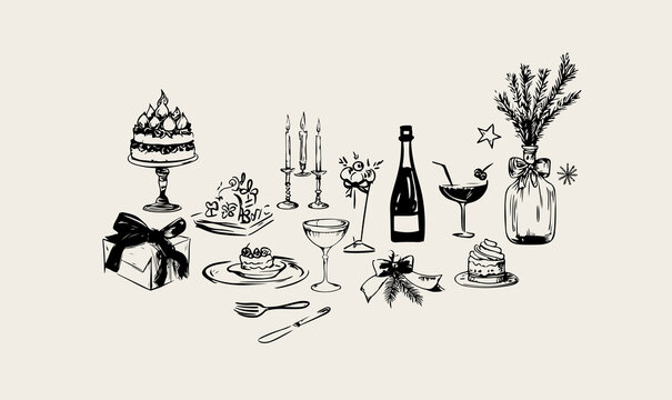 Minimalist hand drawn food and drink vector illustration. Wine, champagne glass, cheese, cake drawings for wedding invitations, menus and parties. Ink doodle sketch style