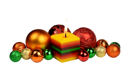 Burning holiday candle and balloons. Winter decor on a transparent background. New Year.