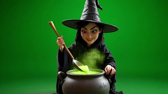 Joyful witch stirs bubbling green potion in cauldron, creating magic with a smile and a wooden spoon, perfect for fantasy themes.