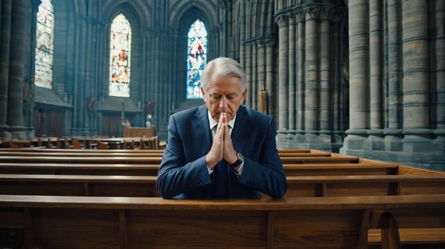 A man in clerical attire, likely a priest or minister, is seen praying at an altar in a cathedral. He appears solemn and contemplative.