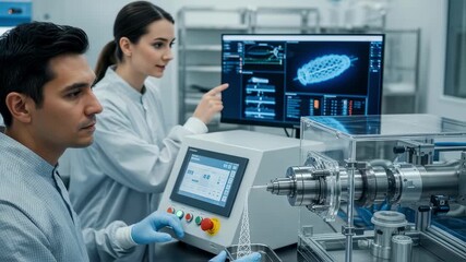 Engineers monitoring the extrusion process of a biodegradable polymer stent at a cleanroom workstation emphasizing quality control and innovation.