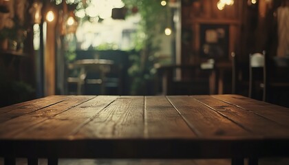 A rustic wooden table is prominently featured in the foreground, with a blurred background of a cafe's interior, including chairs and lighting.