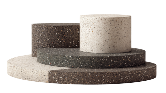Stacked, circular, stone-like forms in varying tones of beige and brown