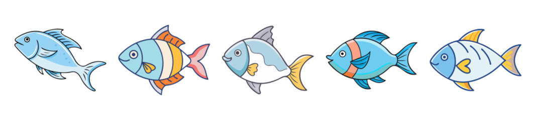 Naklejka premium Collection of five colorful cartoon fish with unique designs and cheerful expressions
