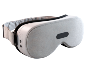 Light gray sleep mask with adjustable headband.  Features a soft, padded design