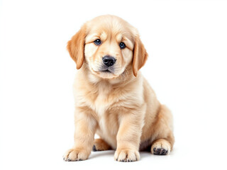 Cute golden retriever puppy sitting on a white isolated background