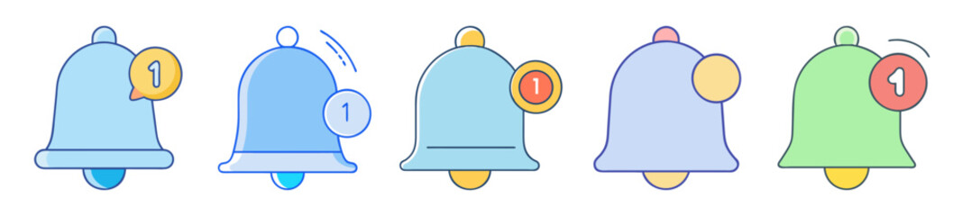 Five notification bell icons showcasing alerts with different colors and styles