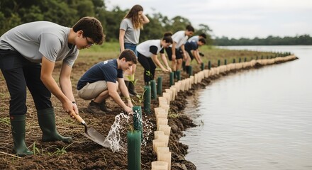 Volunteers planting trees along riverbank