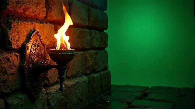 Ancient stone corridor illuminated by a flickering torch casting dramatic shadows, hinting at mystery and adventure within this compelling video scene.