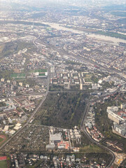 Aerial view of Mainz suburbs of Oberstadt, Hartenberg-Muenchfeld, Gonsenheim, Mombach, Neustadt and River Rhine, Germany