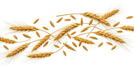 Flying wheat ears in the air creative composition on white background