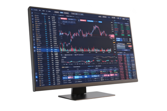 Detailed view of stock market data on a large, modern computer monitor