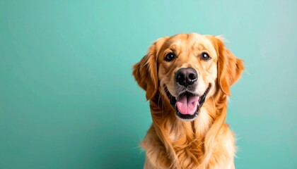 Happy golden retriever portrait against teal background