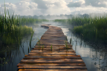 Obraz premium Scenic Wooden Bridge Path Over Misty River in Lush Nature Landscape Photography