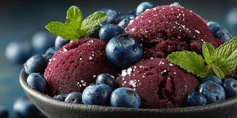 Delicious berry sorbet served in a black bowl with fresh blueberries and mint leaves garnishing the dish