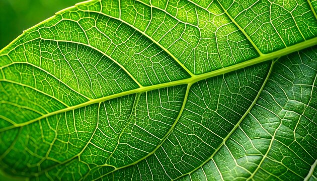 A detailed close-up view of a vibrant green leaf, showcasing intricate vein patterns. - Powered by Adobe