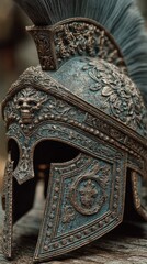 Detailed ancient warrior helmet displayed on wooden surface with intricate designs and blue patina in natural light