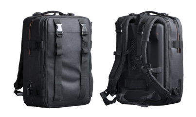 Dark gray/black protective backpack, likely for camera or tech gear, shown in front and back views.  Features multiple straps and buckles