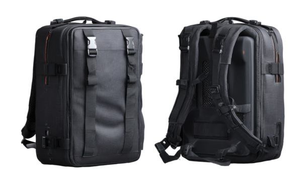 Dark gray/black protective backpack, likely for camera or tech gear, shown in front and back views.  Features multiple straps and buckles