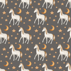 Seamless watercolor pattern with horse, moon, and stars in dreamy night style. Ideal for children’s textiles, nursery decor, wallpapers, and magical design projects.