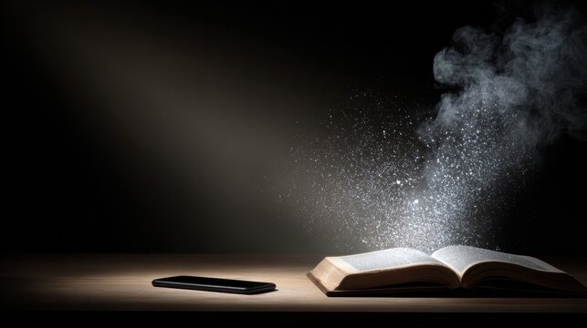 A book emits shimmering particles in a dark room while a smartphone rests on the wooden table, creating a surreal atmosphere of knowledge and technology.