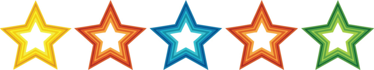 Obraz premium Five colorful star shapes arranged in a horizontal line on white